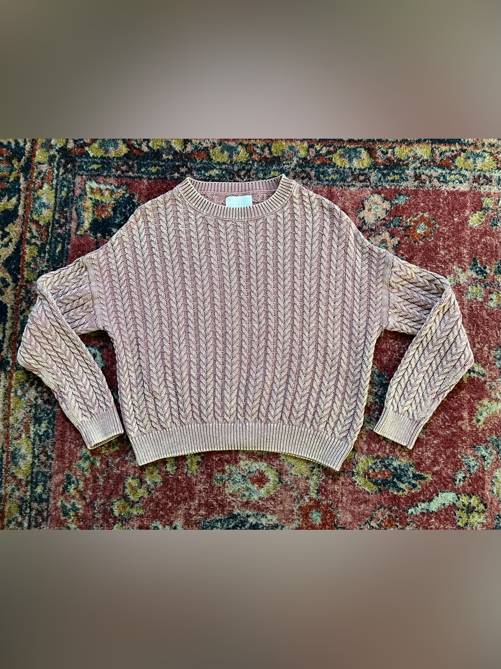 ZARA Rose Pink Cable Knit Crewneck Sweater girls size 11-12yr